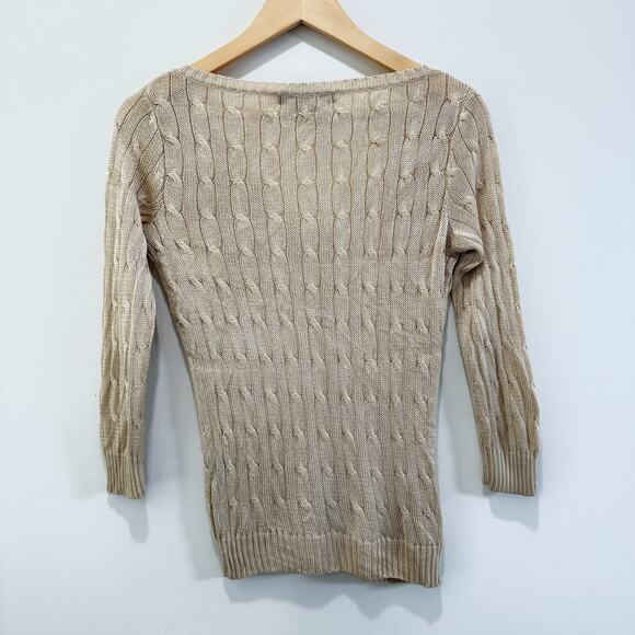 Ralph Lauren Black Label Womens Gold Metallic Silk Cable Knit V Neck Sweater Sm - Picture 6 of 6